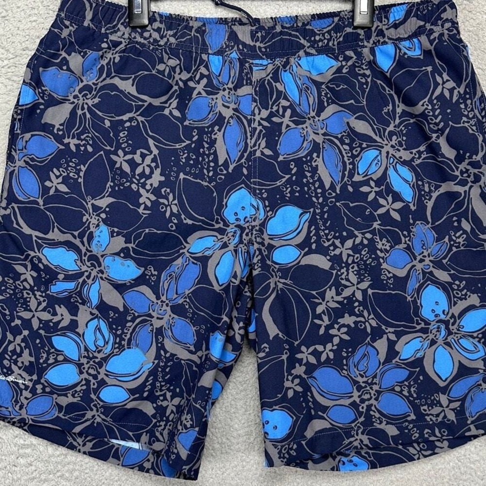 Eddie Bauer Swim‎ Trunks Mens Large Blue Floral Hawaiian Mesh Lined Board Shorts